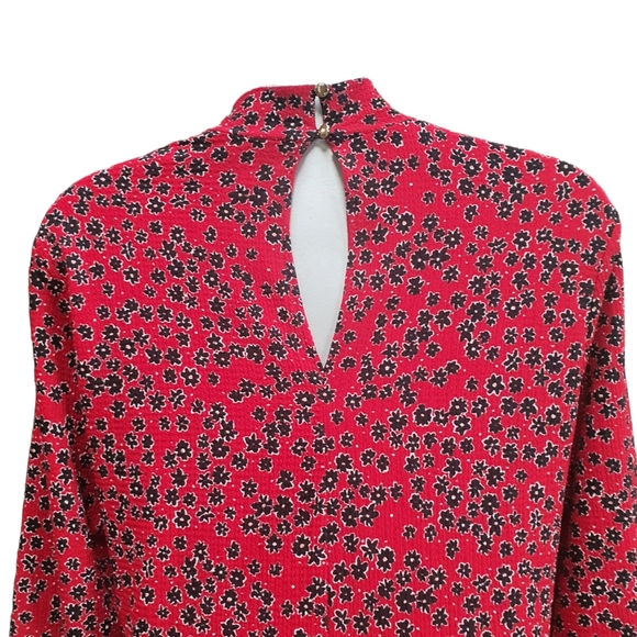 River Island Red Dress Size 18 Ditsy Floral Long Sleeve Mock Neck Tiered - Picture 10 of 11